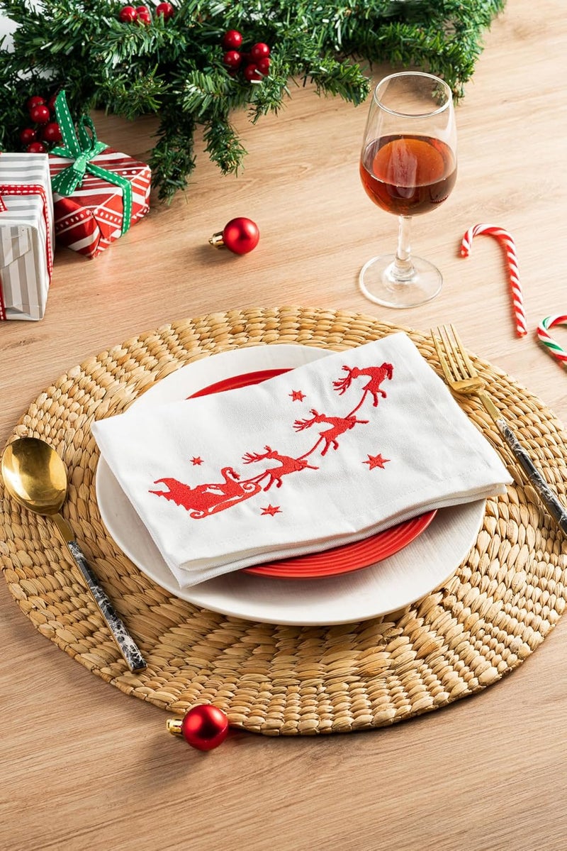 Candy Cottons Christmas Cloth Napkins White Dining Table Dinner Napkins |Washable Cotton Napkins Easter Basket Decor|Sleigh Embroidered 18x18 in White Pk of 6 Cocktail Party Napkins - Image 4
